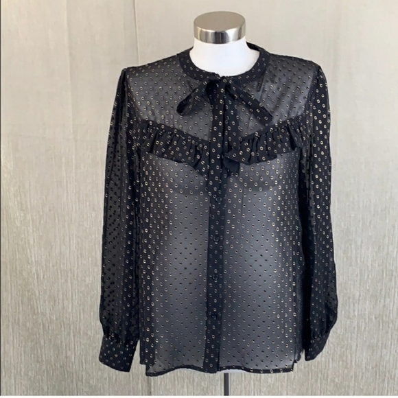 NEW Neiman Marcus Black Metallic Gold Luxury Top Sheer Long Sleeves Bow Ruffled - Picture 6 of 9